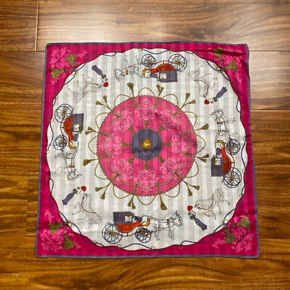 Vintage Longchamp Womens Pink Horse Carriage 19" Scarf Luxury Classic Equestrian